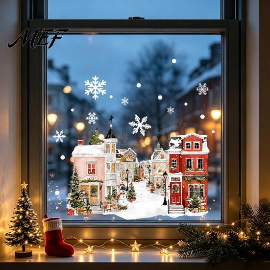 Static Glass Stickers Christmas Window Clings, Snowy Town House Snowflake Decals, Reusable Festive Winter Decals Xmas Stickers, Holiday Decor for Home