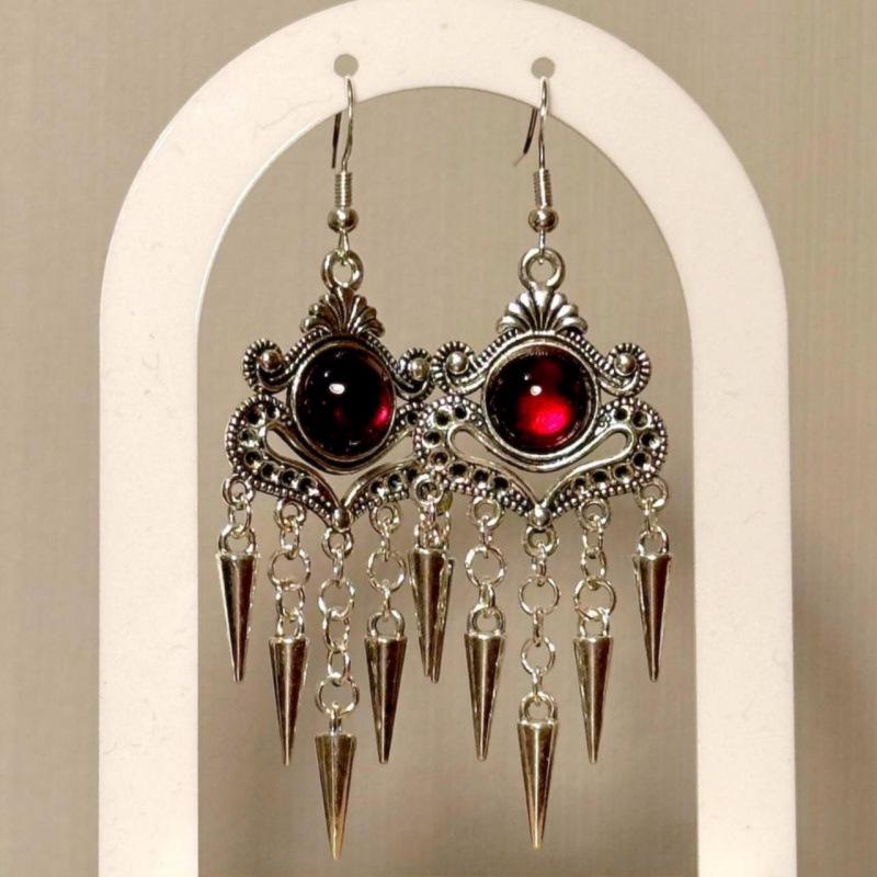 Red Vampire Gothic Silver Filigree Flower Earrings