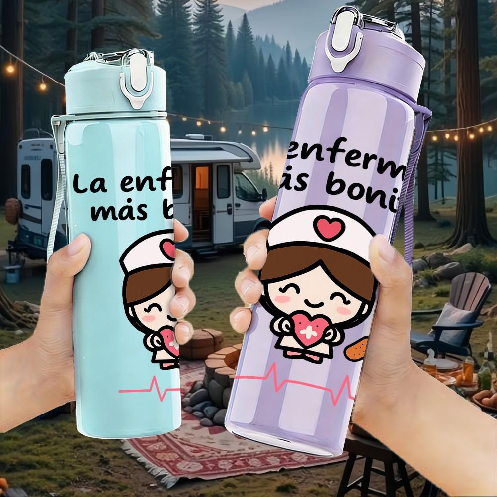 1PC La Enfermera Nurse Cartoon 750ml Color Plastic Sports Water Bottle Leakproof Flip Straw Lid Suitable for Sports Office Home Use