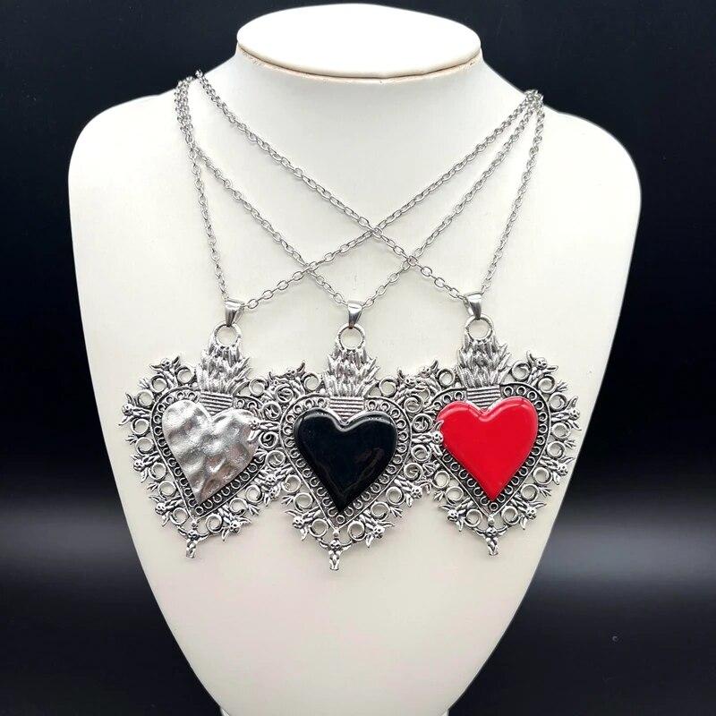 Священные пылающие сердца, Священный пылающий Корасон, Сердца бывших голосов, мексиканское ожерелье Милагрос, Ожерелье Пылающее сердце, готические украшения,