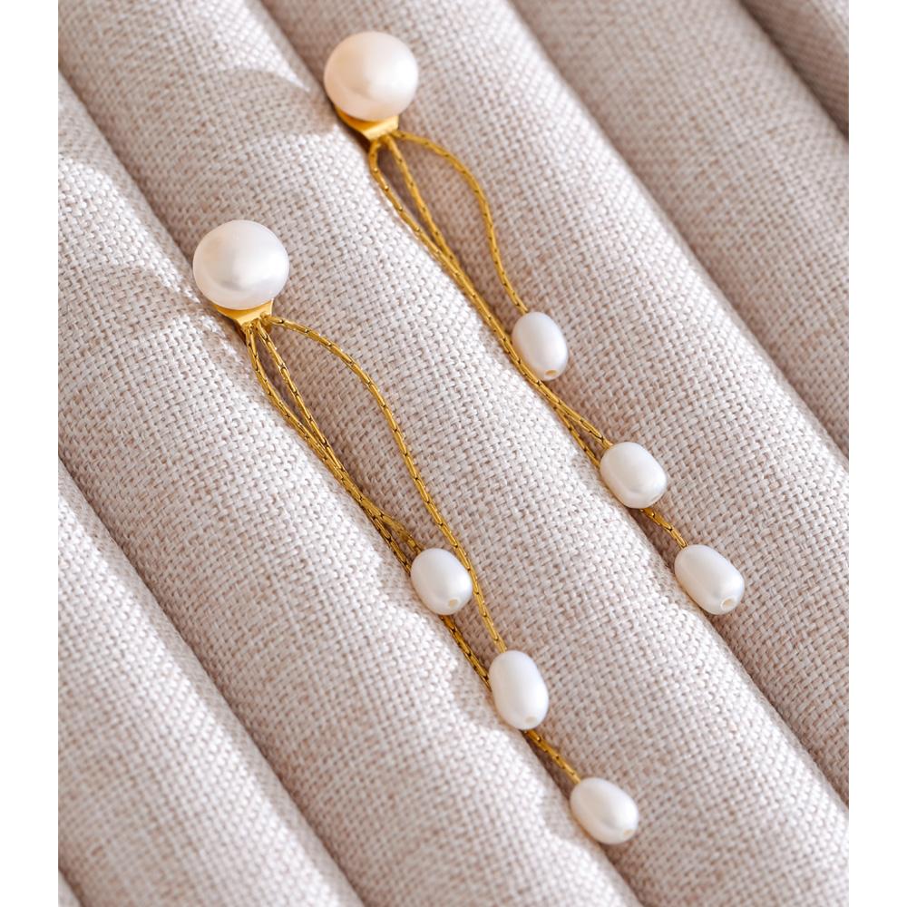 Yhpup Luxury Natural Freshwater Pearls Tassel Chain Drop Earrings for Women Stainless Steel High Quality Attractive Jewelry Gift