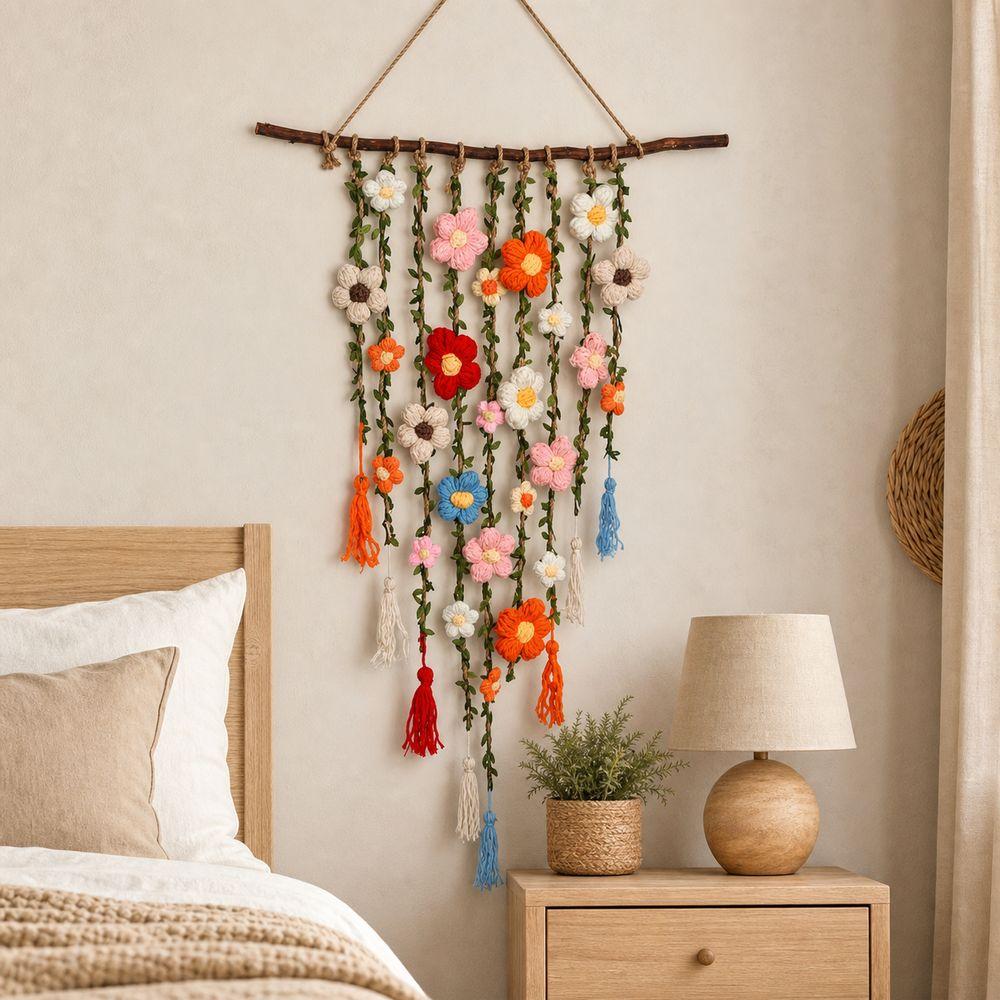 Wooden Branch Crochet Wall Hanging Yarn Floral Tapestry Macrame Wall Hanging Living Room Decor