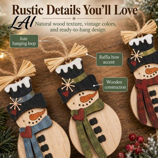 Country Style Xmas Fireplace Decor 5Pcs Rustic Wooden Snowman Christmas Ornaments Hand Painted Hanging Farmhouse Party with Rope for Tree Home