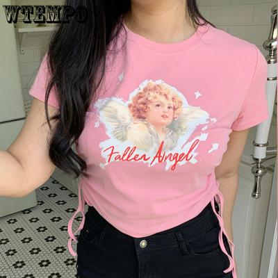 Женская футболка с короткими рукавами и длинными рукавами с принтом херувима на шнурке, тонкие тонкие топы с короткими рукавами