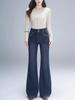 Retro blue micro-flared jeans women's autumn new high-waisted slim-fitting and elastic fashion flared pants