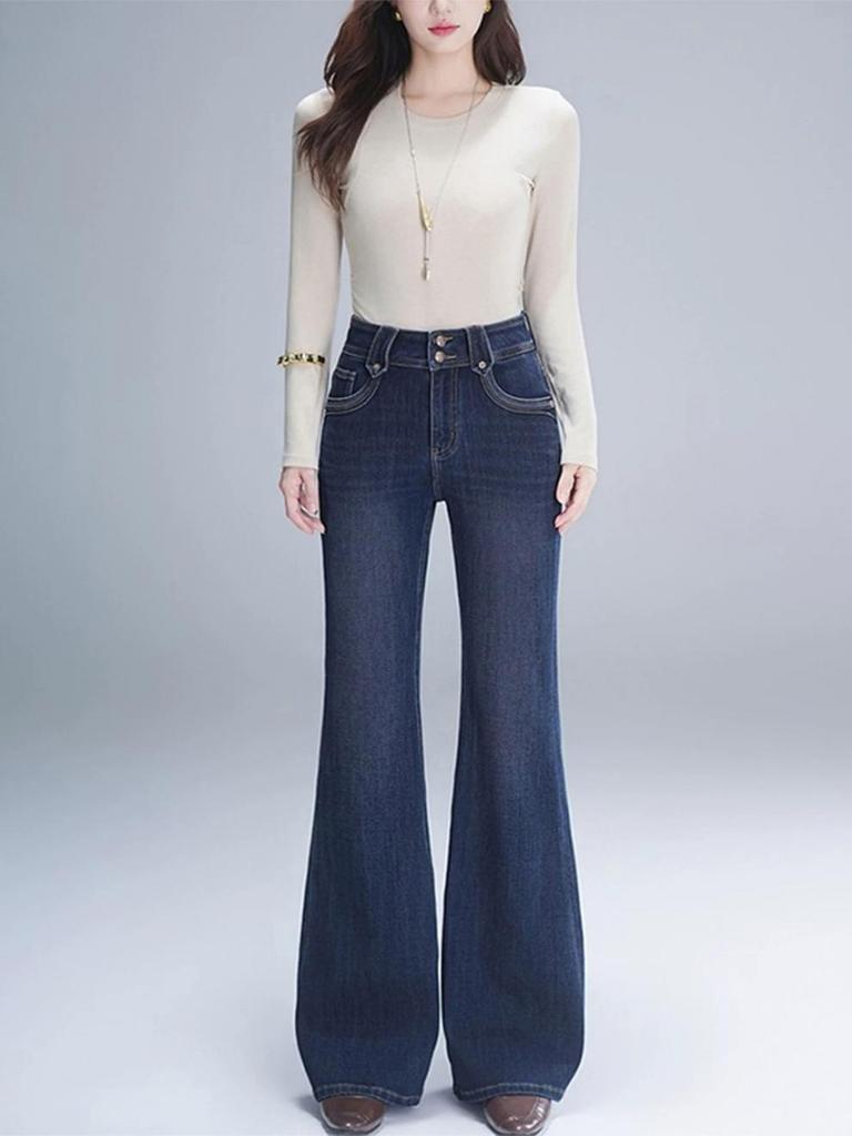 Retro blue micro-flared jeans women's autumn new high-waisted slim-fitting and elastic fashion flared pants
