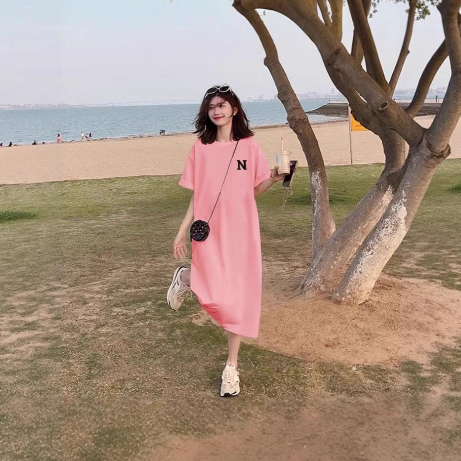 Short-sleeved T-shirt women's split-ended fat MM large size loose ins new summer hip-wrapped knee-thin dress top trendy
