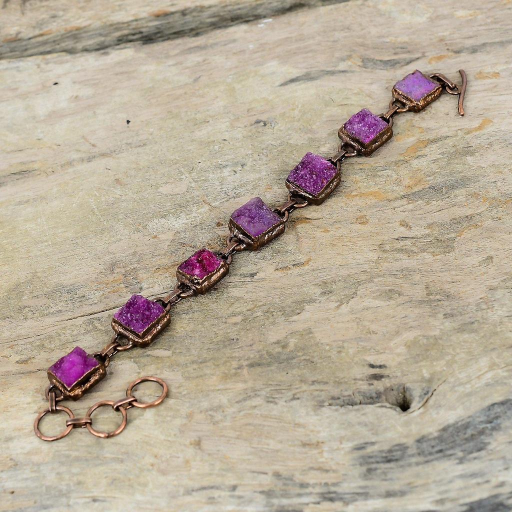 Розовый браслет с друзами, гальванический медный браслет, регулируемый браслет-цепочка, гальванический браслет, ювелирные изделия ручной работы, браслет из драгоценных камней, подарок для мамы