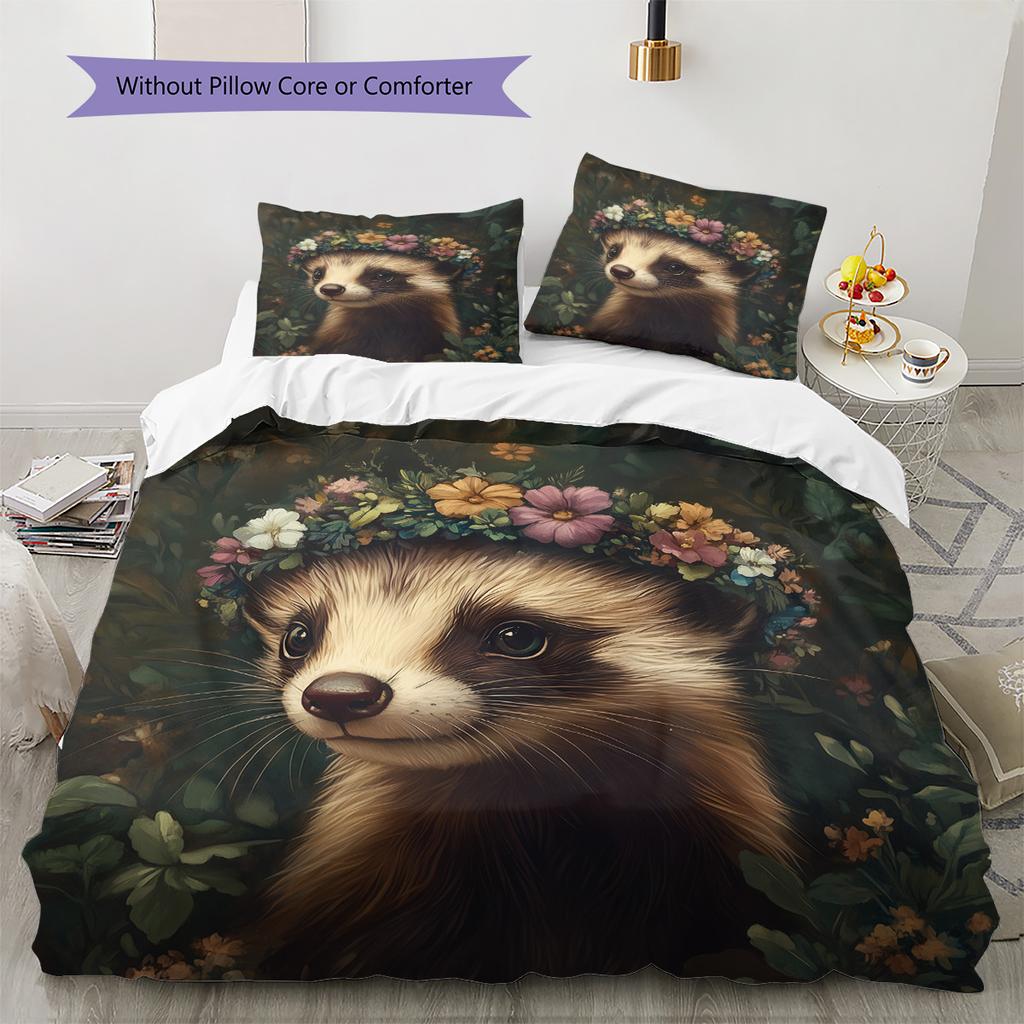 Floral wreath animal Pattern Bedding Quilt Set Quilt Cover Pillowcase Home Decoration Gift (1 * duvet cover + 2 * pillowcase, without core)