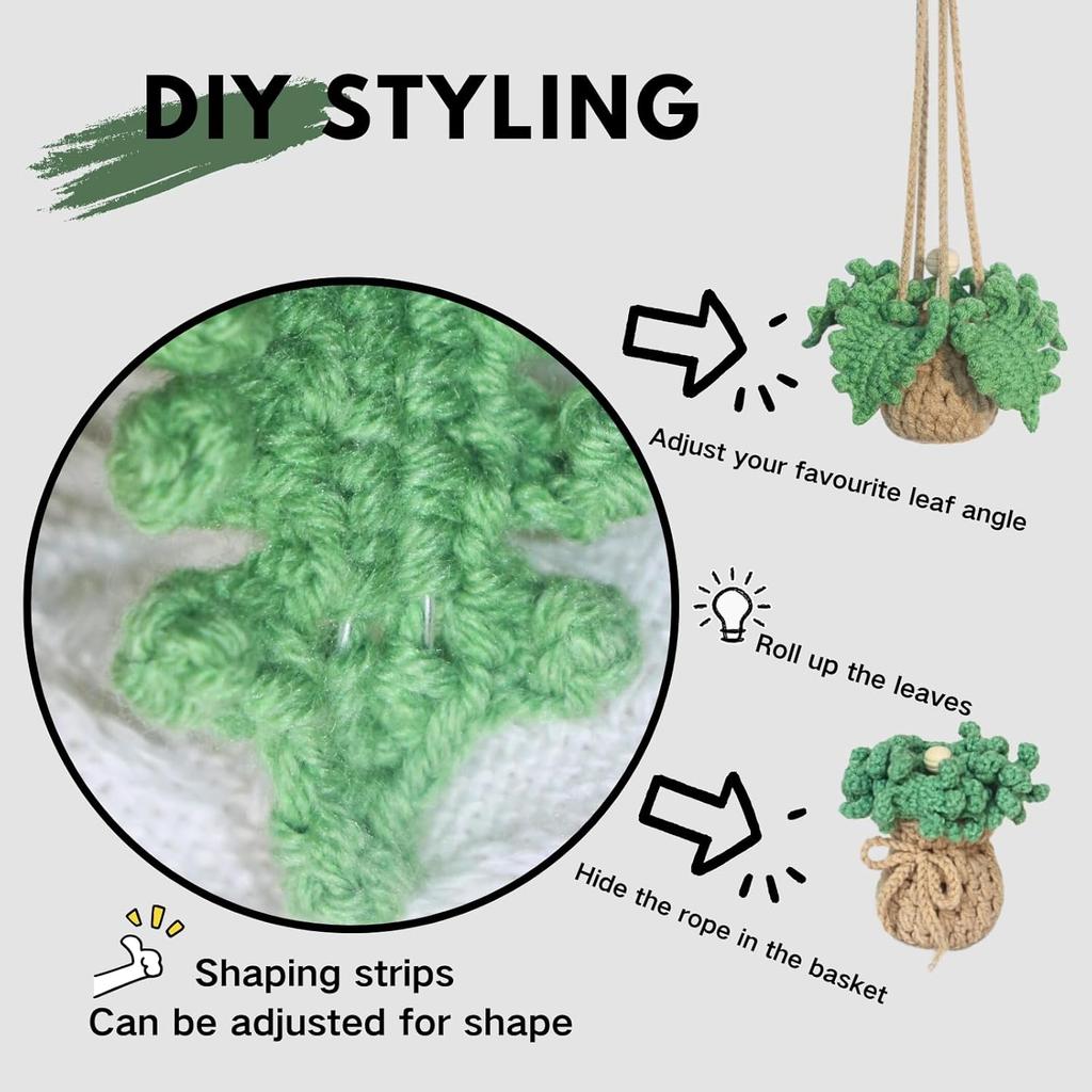 Handmade Crochet Car Air Freshener - Adorable Bendable Fern Plant with 8ml Empty Refillable Oil Diffuser Bottle, Suitable for Car Rearview Mirror