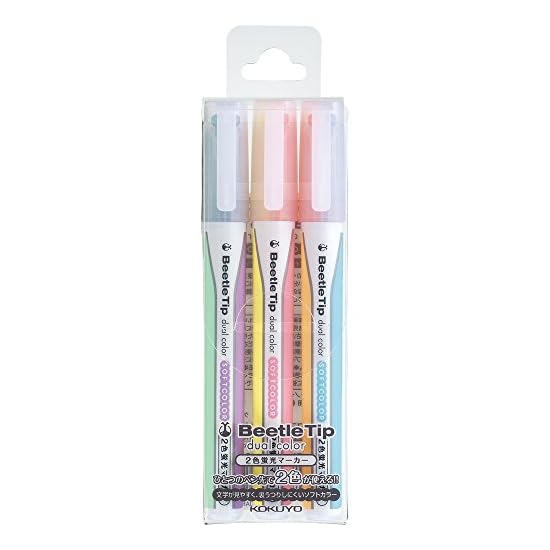 KOKUYO Highlighter, 2-Color Highlighter, Beetle Tip Dual Color, Soft Colors, 3-Piece 6-Color Set, PM