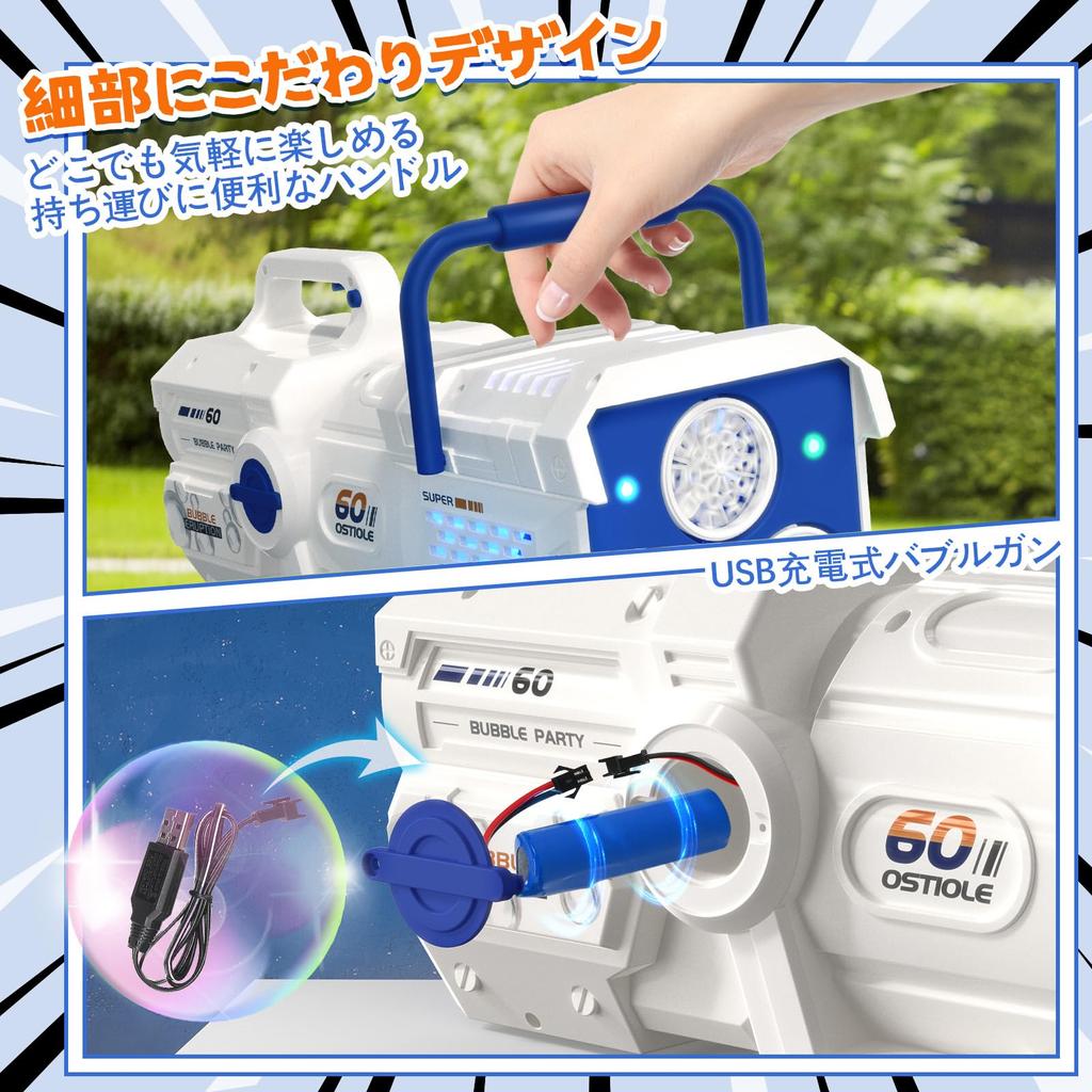 Электрический пистолет для пускания пузырей Skirfy с 60-томным светодиодом, 2 USB, в форме базуки для детей, отлично подходит для улицы и станет отличным подарком для девочек и мальчиков, 2-в-1 отверстия,