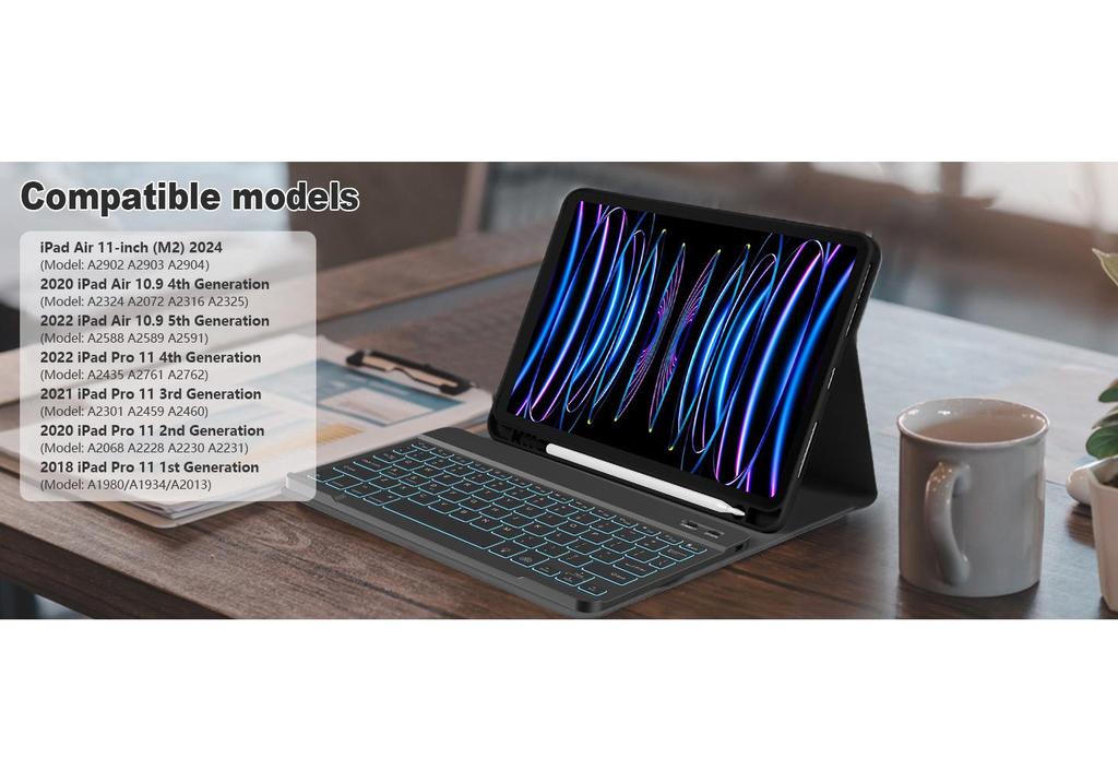 Чехол для iPad 2025 A16 Air 5: Комплект клавиатуры и мыши с подсветкой для планшетов Pro 11 10,9/11 дюймов (Совместимо с 11-м поколением)