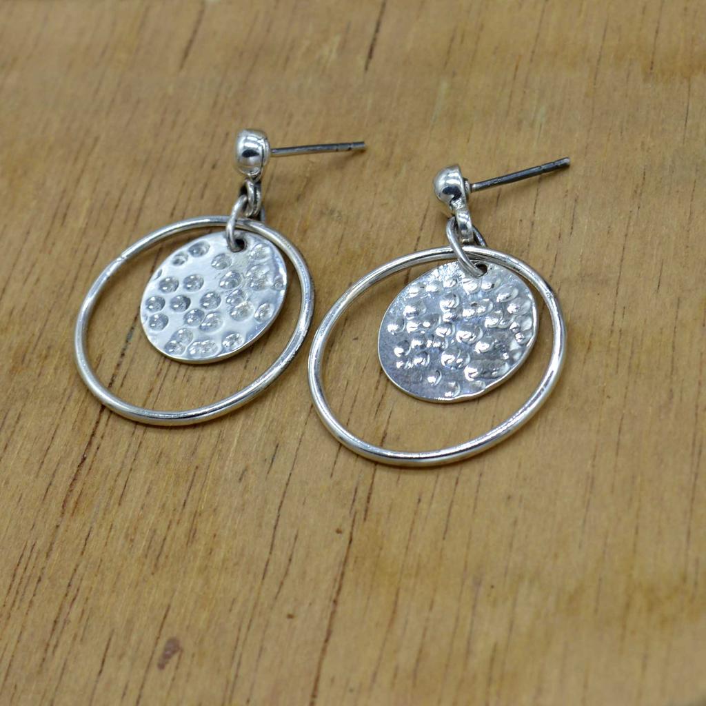Hammered Disk Dangle Studs Earrings, 925 Sterling Silver Women Handmade Earrings Gift For Her