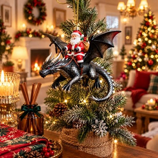 Christmas Themed Hanging Ornament Santa Claus Dragon Rider Ornament, 2D Acrylic Red Durable Resin Decoration with Flying Tree Decorations for