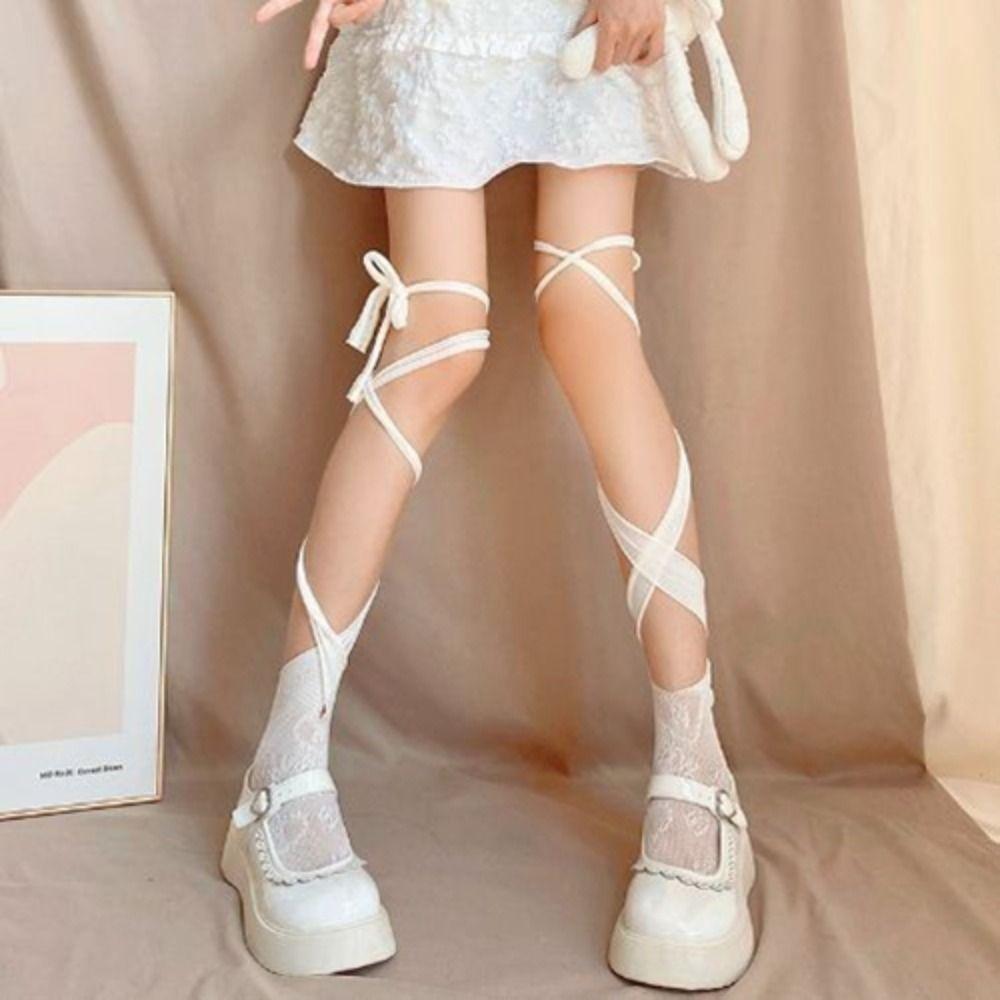 2Pairs Irregular Straps JK Lace-up Stockings Hollow Mid Tube Socks Women Lolita Lace Stockings  Gift