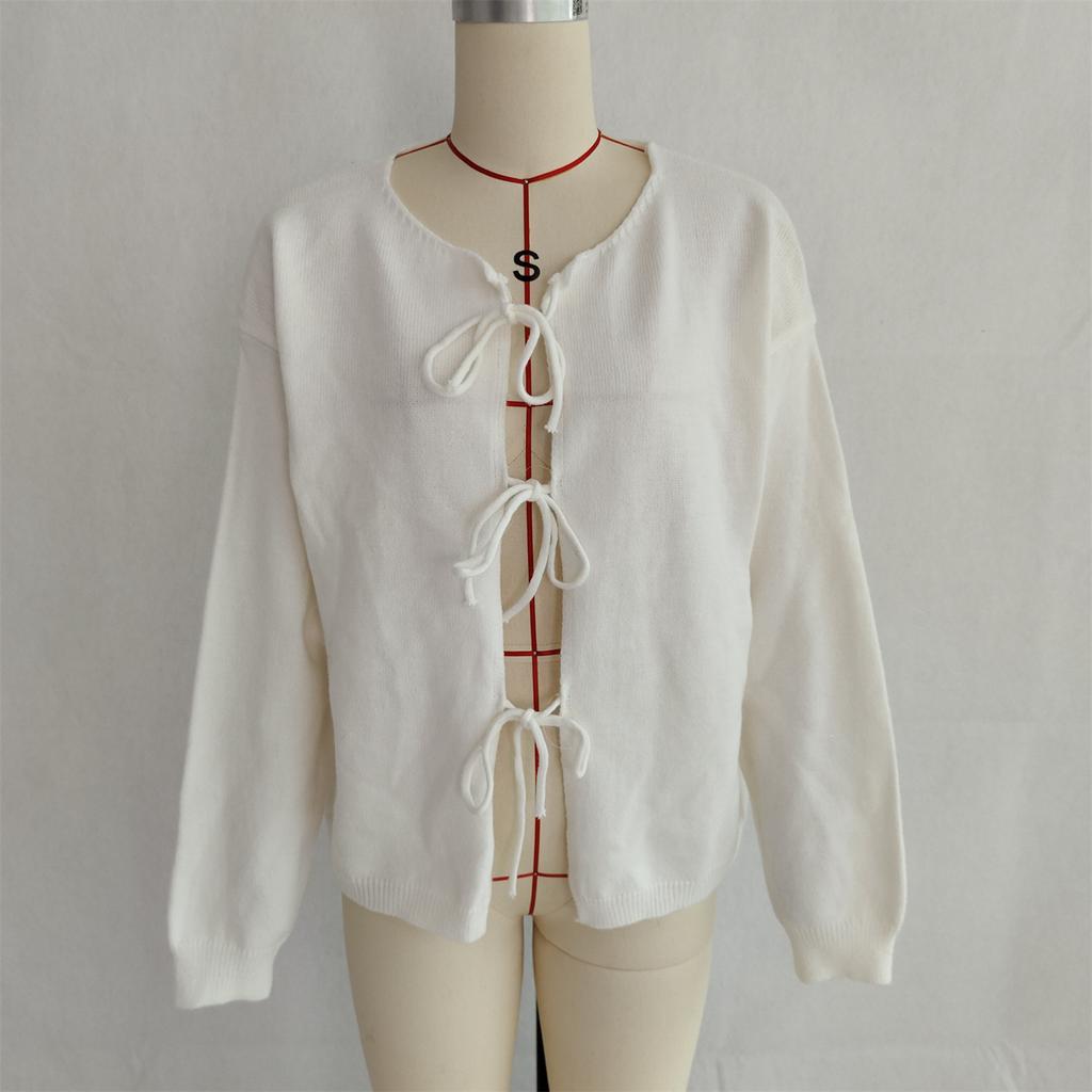 Женский кардиган с завязкой спереди и бантом, вязаный пуловер с длинным рукавом, верхняя одежда, пальто на шнуровке, с круглым вырезом, вязаные крючком кардиганы для женщин, осенний наряд, куртка-свитер