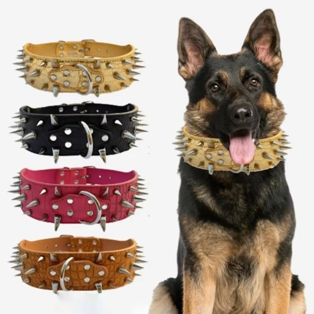 Anti-bite Spiked Dog Collars Adjustable Widen PU Leather Pet Necklace Heavy Duty Sharp Rivets Pet Collar Outdoor Dog Walking