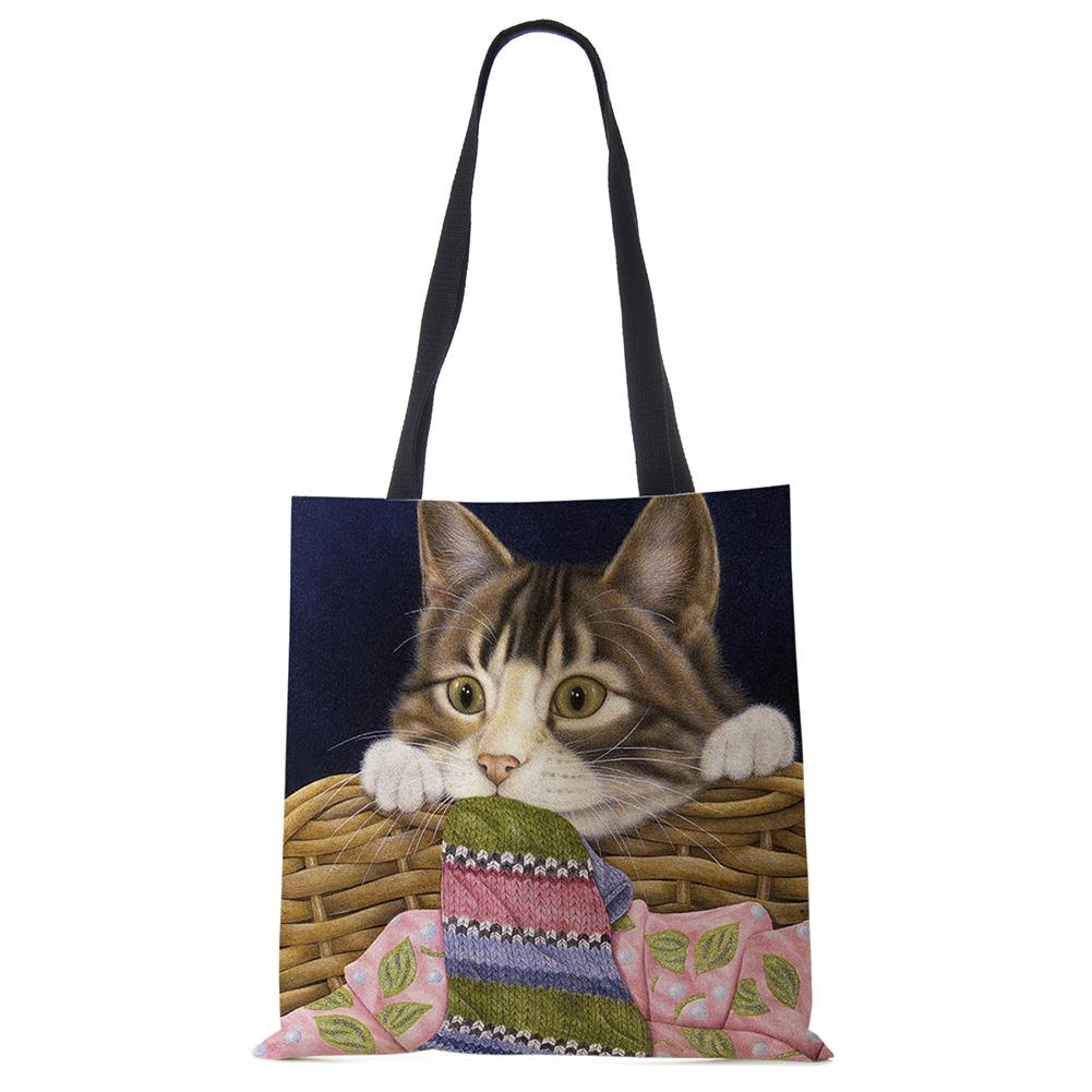 Cute Cat Flower Painting Print Womens Designer Tote Bags Women Handbag Large Shopping Bag Foldable For Groceries CLE