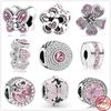 New 925 Sterling Silver Dazzling Pink Butterfly Heart Zirconia Beads Fit Original Charms Bracelet Bead Jewelry Making