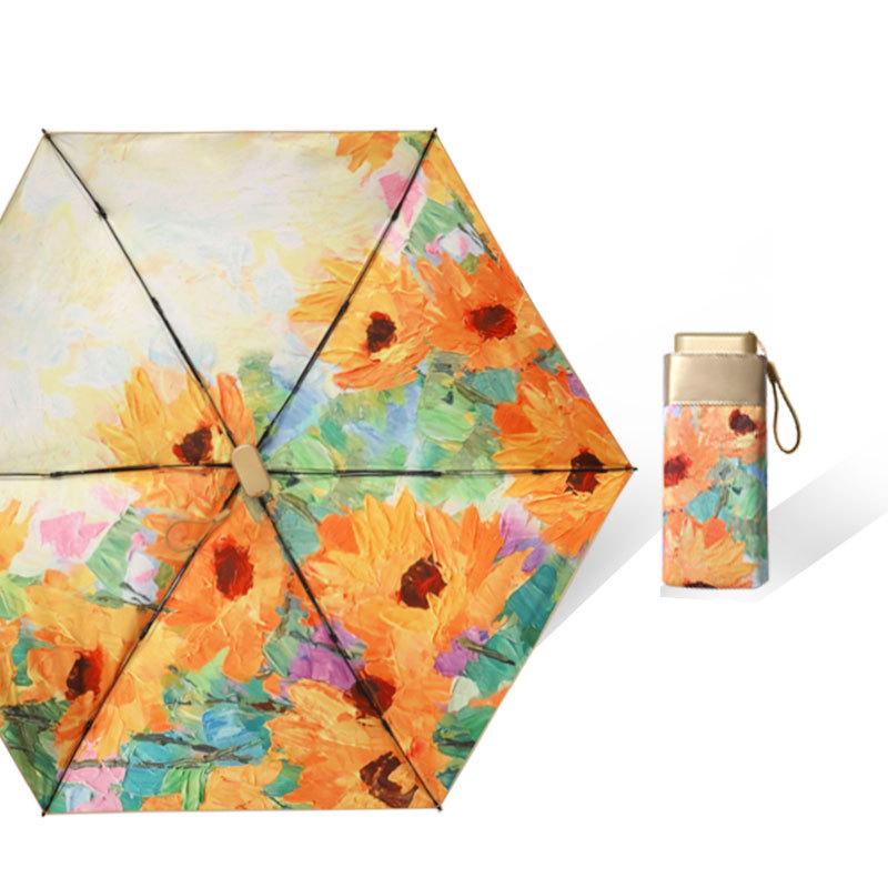 Small Fresh Portable Rain And Sun Anti-UV Umbrella Lady Chic Oil Painting Parasol Sunscreen Protection Mini Five-fold Umbrella