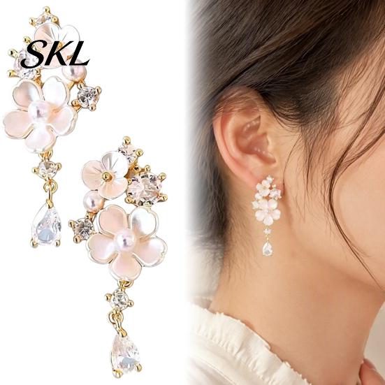 Gold Plated Dangle Earrings 1 Pair Flower Drop for Women, Pink Date Night Fashion Jewelry with Rhinestone Teardrop Charm, Statement Wedding,