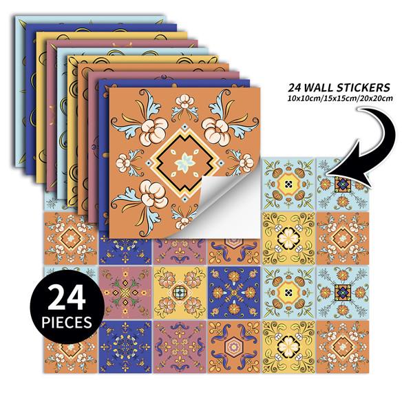 24PCS  Creative Kitchen Tile Stickers Waterproof Mandala Flowers Tile Paste Self-adhesive Wallpaper Bedroom Decoration Stickers