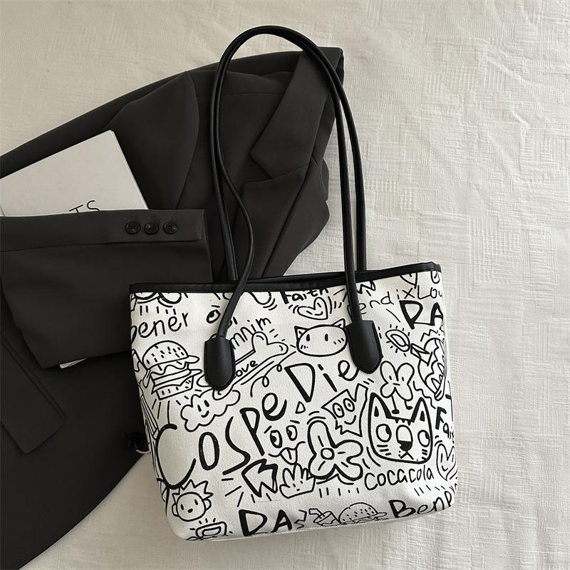 Сумка Летняя Женская 20255 Алфавит Граффити Сумка Через Плечо Сумка для Поездок на Работу Сумка-Тоут Большой Вместимости С Принтом