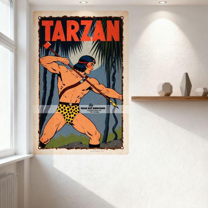 Винтажная жестяная табличка Тарзан Эдгар Райс Берроуз Приключение в джунглях Копье Топор Настенный декор для мужской комнаты, бара, дома, ресторана
