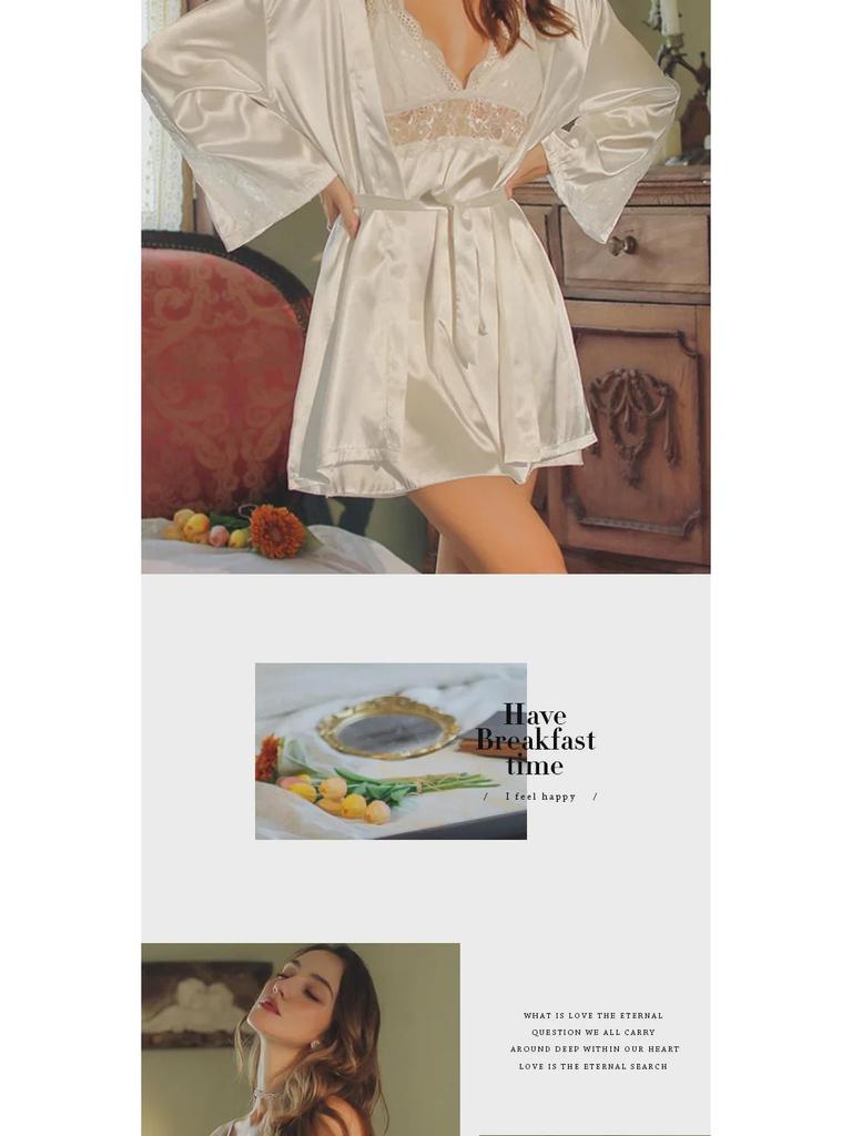 Комплект ночной рубашки с подвязками из японского кружева - Пижама из двух частей Ice Silk