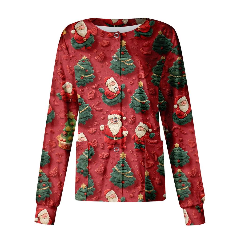 Women's Casual Long Sleeve Single Breasted Christmas Printed Dry-nurse Top