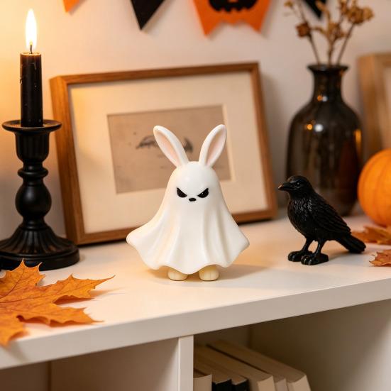 Small Desktop Ornament Halloween Ghost Figurine, 3D Printed Cute Statue with Rabbit Mysterious Character Ear, Spooky Decoration for Home, Shelf, Table