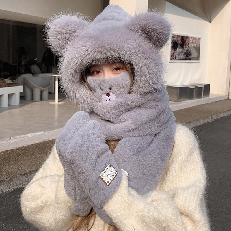 Корейский милый плюшевый комплект из трех предметов для женской осени и зимы Новый шарф, перчатки, шляпа, интегрированная плюс бархатная холодостойкая и теплая шляпа