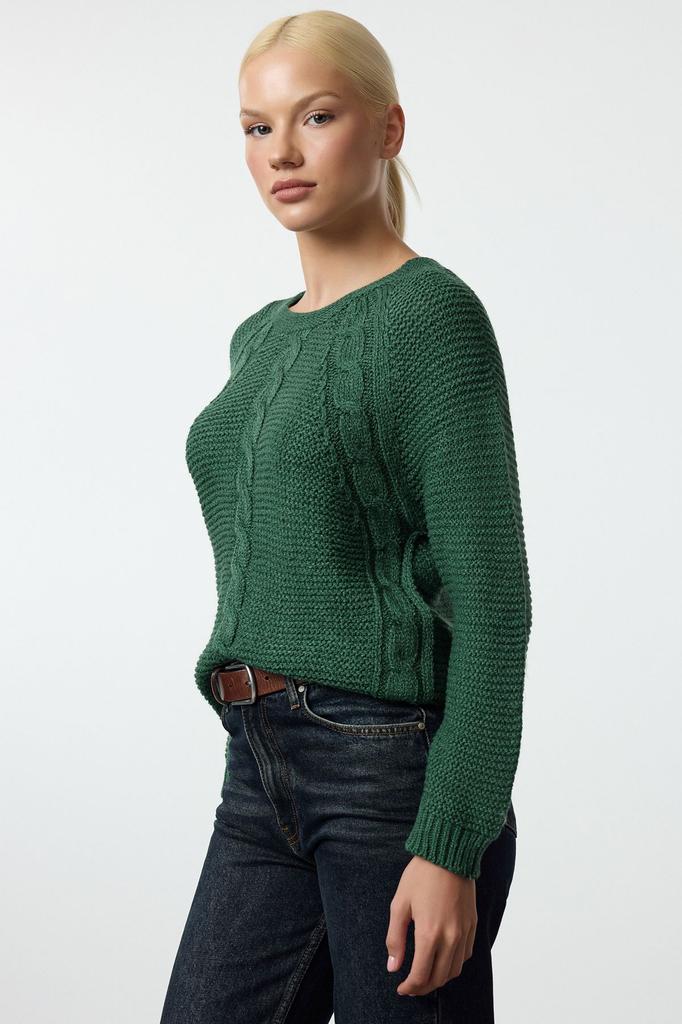 Women's Elegance Style Sweater Emerald Green Soft Textured Hair Braided Seamless Knitwear Sweater