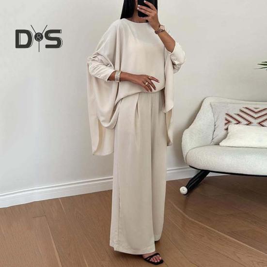 2 шт./комплект женский топ брюки костюм круглый вырез нерегулярный подол рукава летучая мышь однотонная блузка эластичная талия широкие брюки повседневная одежда для поездок на работу