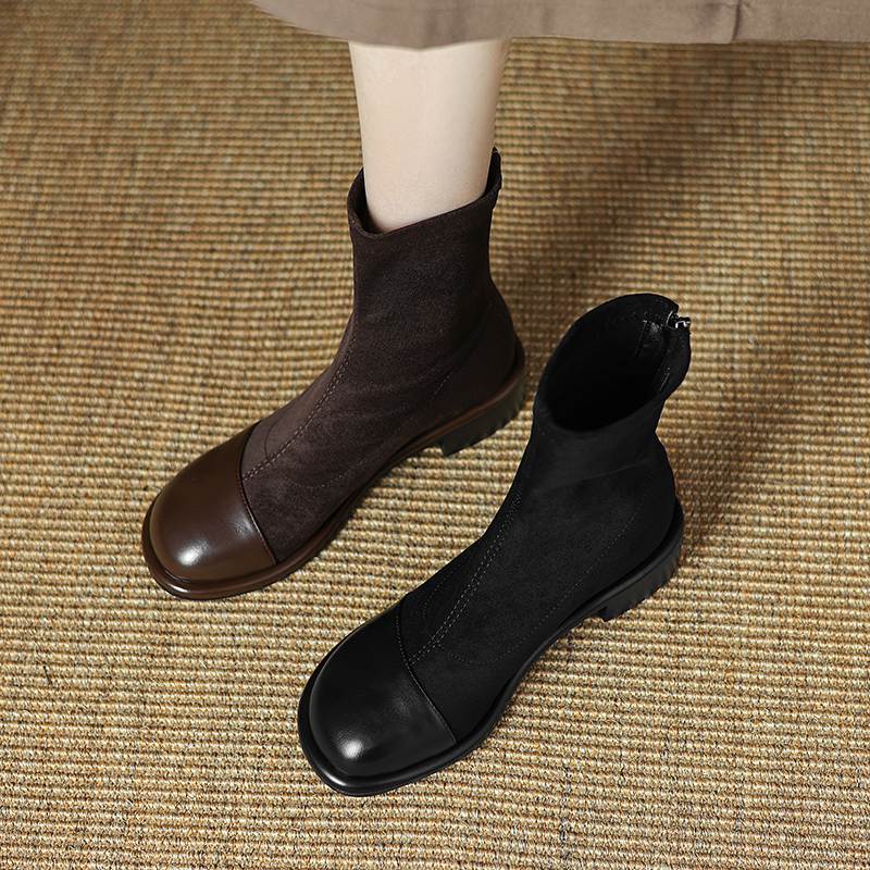 Krazing Pot Флок Осенне-зимняя обувь Низкий каблук Размер 43 Стрейч-сапоги Задняя вставка Прямой стиль Эластичные ботильоны