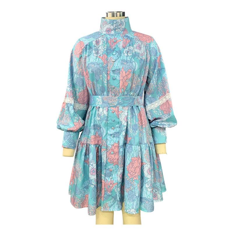 Плюс размер весенне-осеннее женское платье модные темпераментные платья-рубашки с высоким воротником и принтом