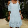Sling Cold Shoulder Half Sleeve Summer Dress Crochet Embroidery Lace Stitching Mini Dress Female Clothing