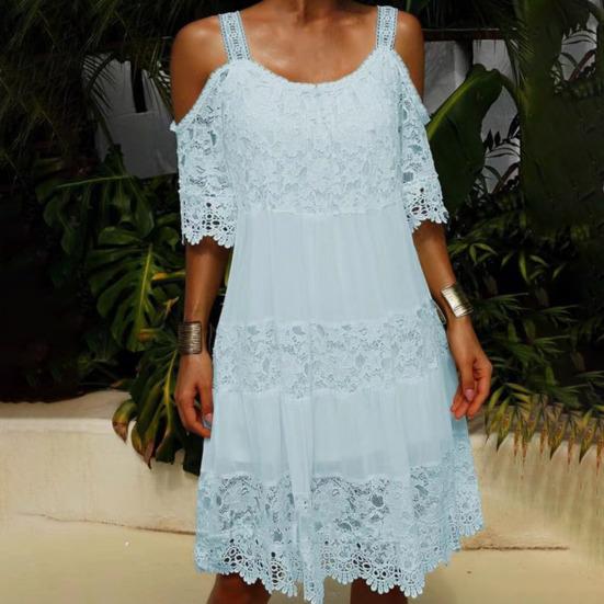 Sling Cold Shoulder Half Sleeve Summer Dress Crochet Embroidery Lace Stitching Mini Dress Female Clothing