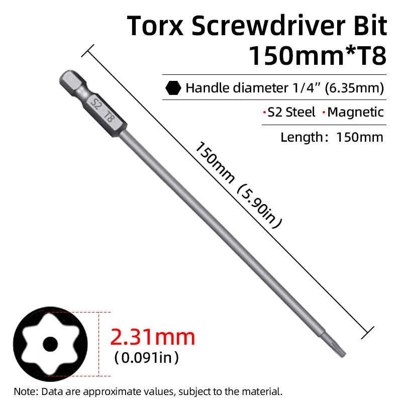 Магнитная отвертка Torx 150 мм T6-T40 1/4" шестигранный хвостовик полое отверстие сливовый цветок безопасные биты S2 сталь электрический ручной инструмент