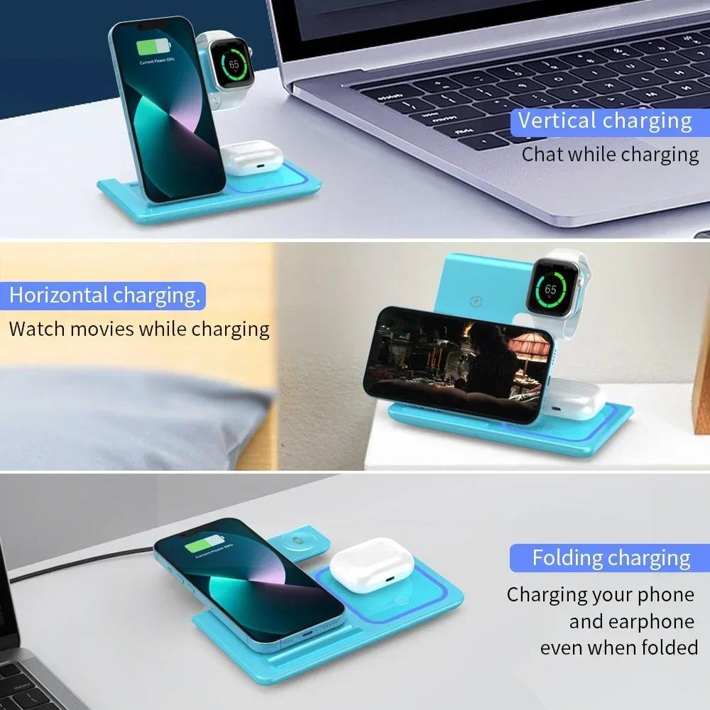 3 в 1 беспроводная зарядная подставка со светодиодной подсветкой для iPhone 16 15 14 iWatch 8 7 6 SE AirPods 2/3 Pro быстрая зарядная станция док-станция