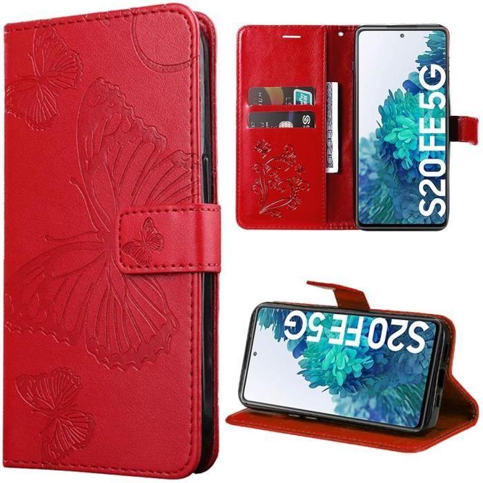 Coque - BOOLING - pour Samsung Galaxy S20 FE - Cuir PU Rouge - Motif Papillon - Fermeture Magnétique