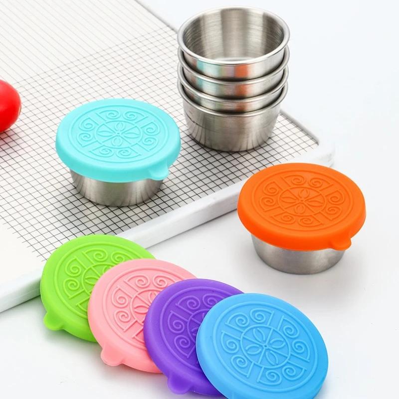 6pcs High Quality Sauce Cup, 304 Stainless Steel Seasoning Plate, Silicone Lid, Leak Proof Tomato Salad Container, Dipping Dish