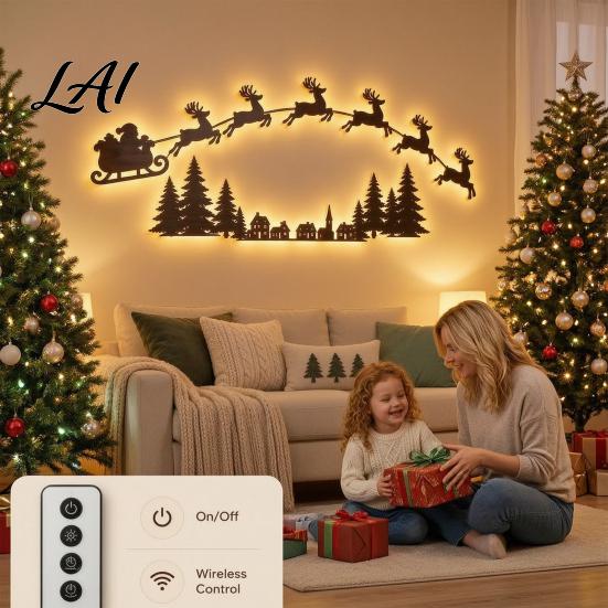 Reindeer Wall Decor Illuminated Wooden Christmas Sleigh And LED Light Set Pine Trees Village Set