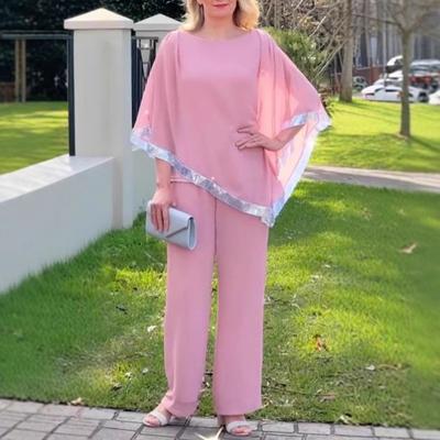 Женский комплект из 2 предметов: топ и брюки, рукава «летучая мышь», неровный подол с пайетками, блузка с круглым вырезом, однотонные широкие брюки, повседневный свободный наряд