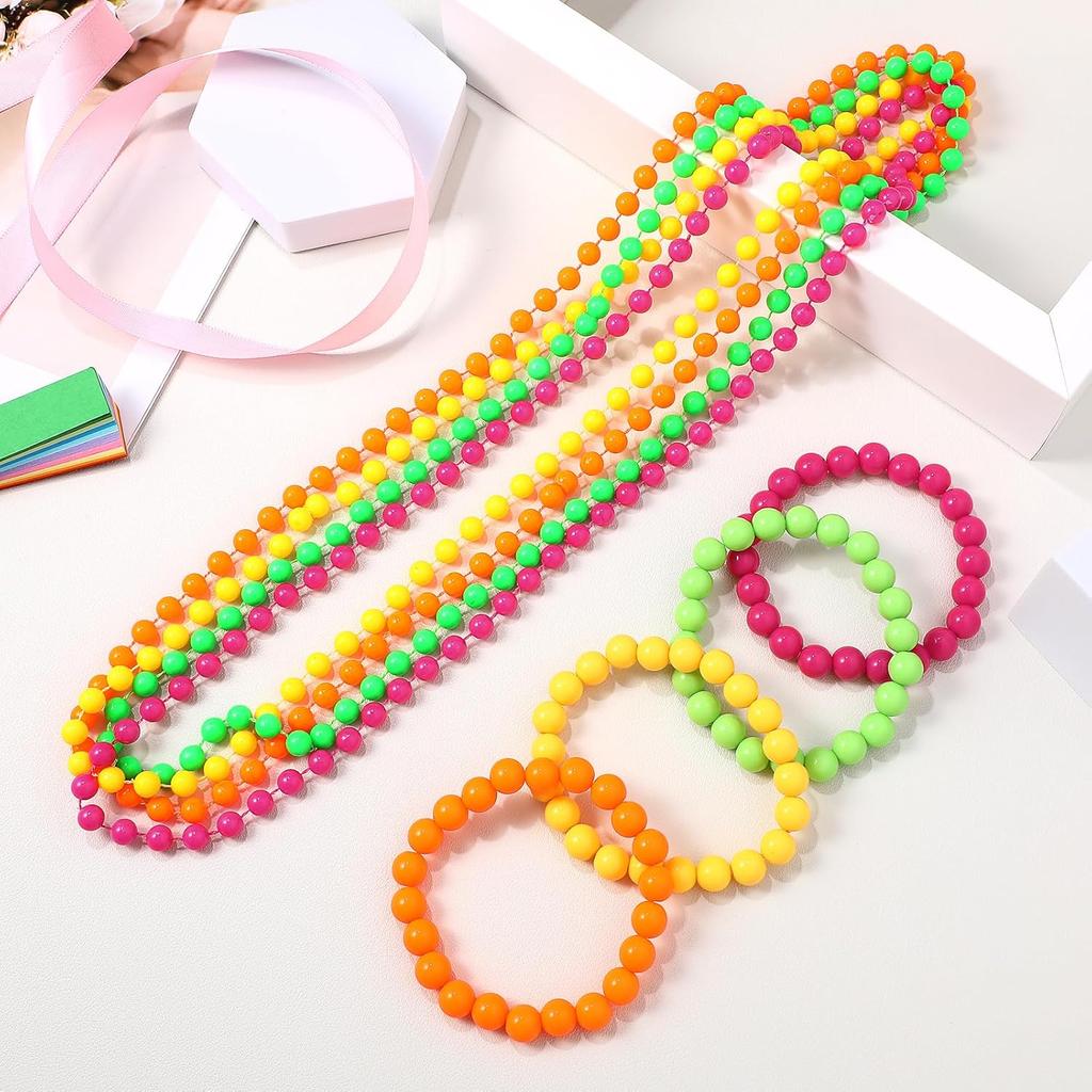 Amosfun Neon Bead Necklace Bracelet Jewelry Set Multicolor Mardi Gras Easter Party Supply Costume Accessory 80s 90s Party Favors 8 Pack