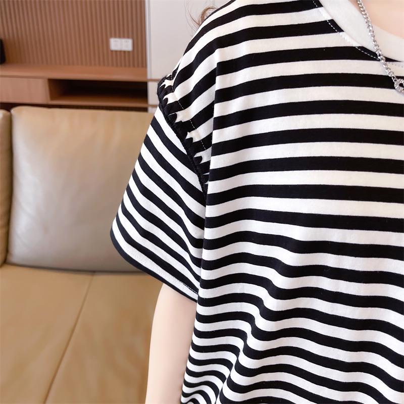 Женская полосатая хлопковая контрастная футболка в корейском стиле, свободный крой, размер плюс, лето 2025 г., модный круглый вырез