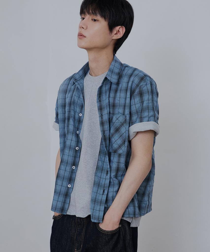 NODU Seersucker Check Crop Half Shirt [Blue]
