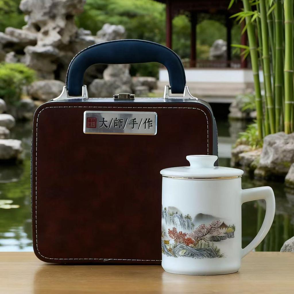 Office ceramic tea separation suet jade filter with lid cup souvenir business gift
