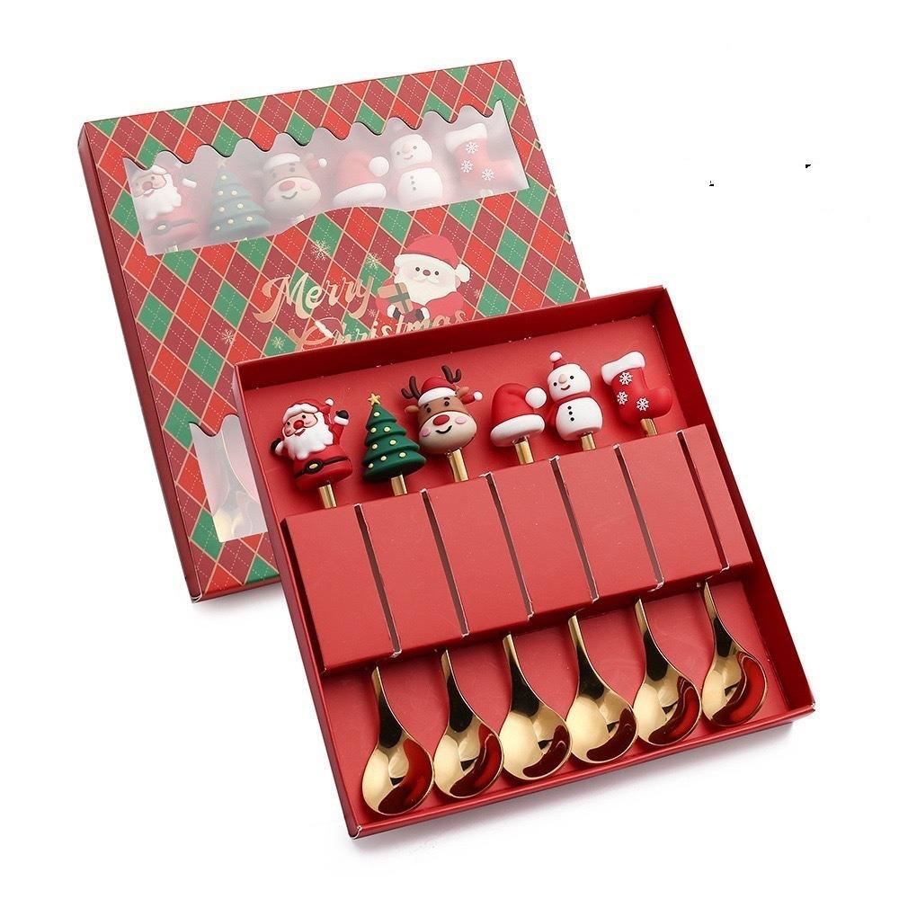 4/6pcs Gold Silver Spoon Fork Set Merry Christmas Coffee Tea Spoon Dessert Fork  Birthday Gift